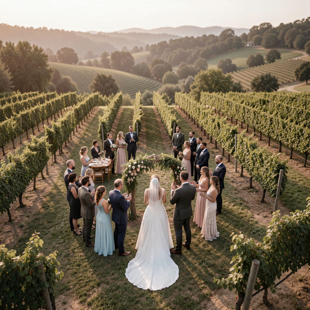 Wedding Photography Trends 2026: 15 Styles Couples Are Loving 25 Aerial view of a wedding ceremony in a Napa Valley vineyard, surrounded by lush greenery