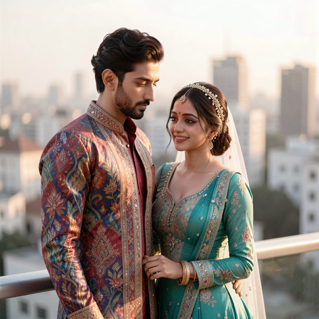 Wedding Photography Trends 2026: 15 Styles Couples Are Loving 32 Couple in colorful attire against a cityscape, with one color accentuated in the image